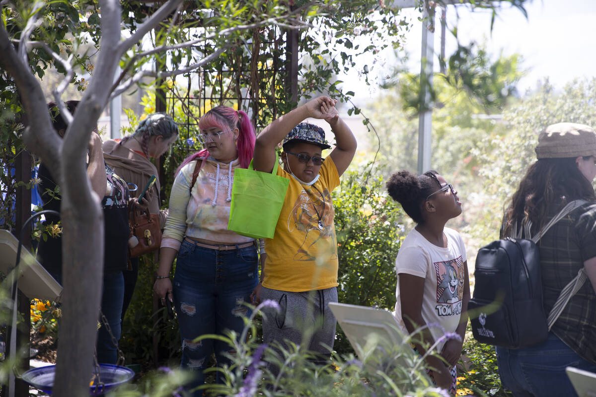 People walk inside of the butterfly habitat during an Earth Day celebration at Springs Preserve ...
