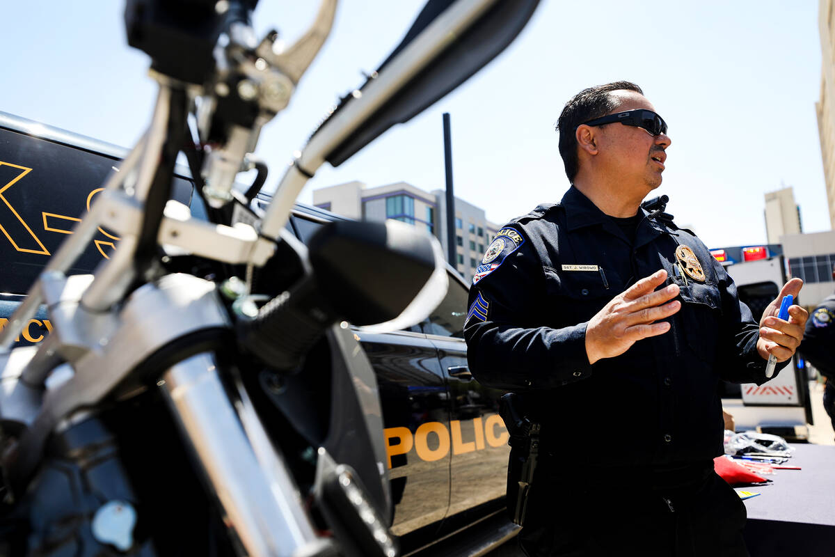 Clark County School District police Sgt. Juan Wibowo speaks to the Review-Journal at a Communit ...
