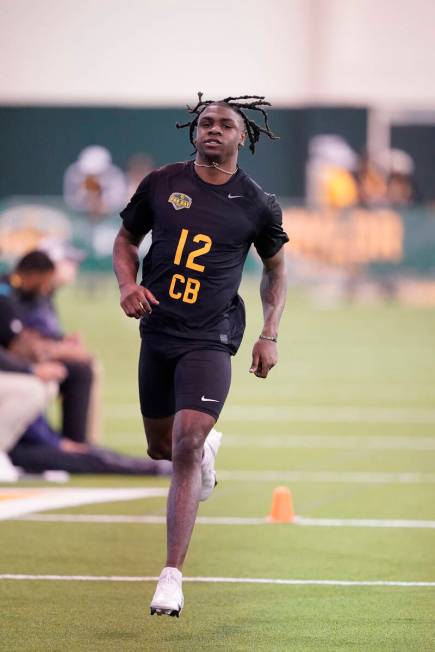 Cornerback Kalon Barnes runs during Baylor's college football NFL Pro Day in Waco, Texas, Wedne ...