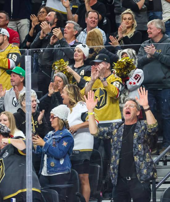 Golden Knights fans celebrate a goal by Golden Knights left wing Max Pacioretty, not pictured, ...