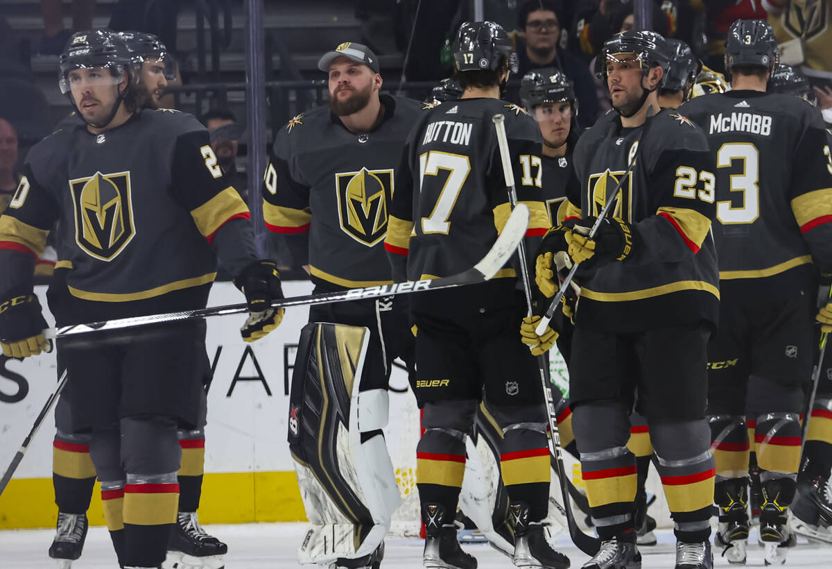 Golden Knights goaltender Robin Lehner, second from left, skates with teammates after they lost ...