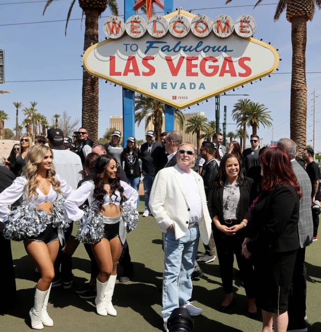 Raiders owner Mark Davis, center, visits with public officials at the Welcome to Fabulous Las V ...