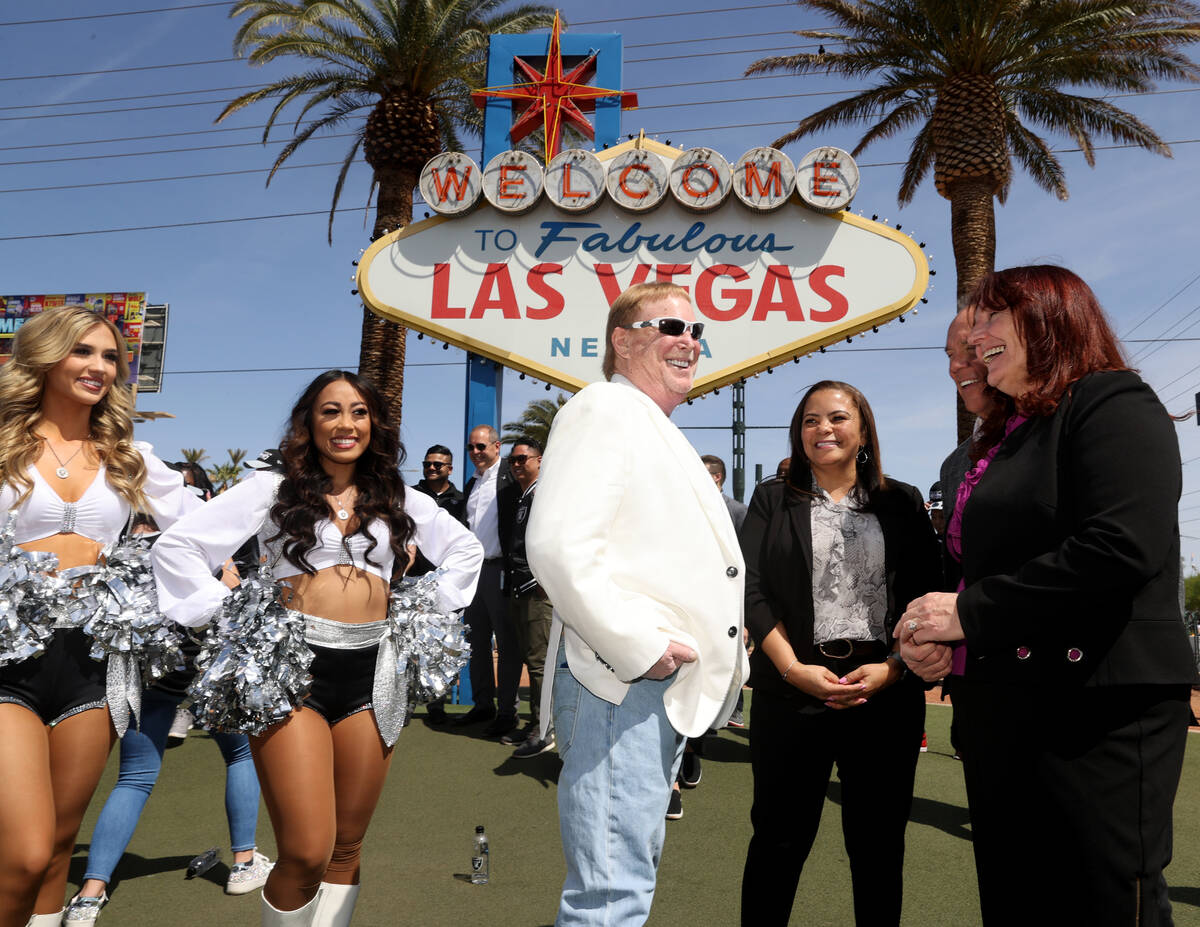 Raiders owner Mark Davis, center, visits with public officials at the Welcome to Fabulous Las V ...