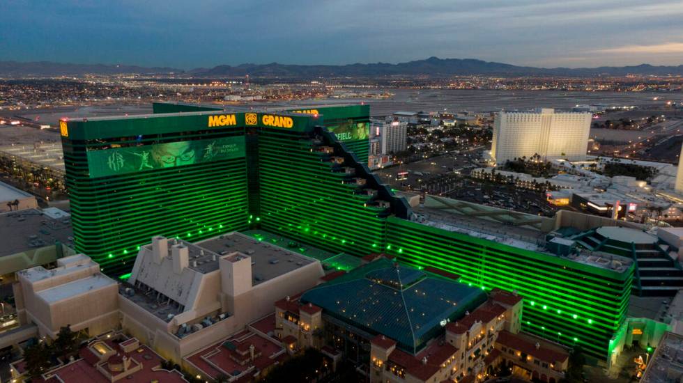 Aerial view of the MGM Grand hotel casino on the Las Vegas Strip at sunset on Wednesday, Januar ...