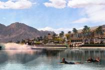 A rendering of a proposed Coral Mountain Resort with a large human-made surf lagoon that is pro ...