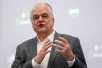Gov. Steve Sisolak speaks during a news conference to announce a partnership with Amazon Web Se ...