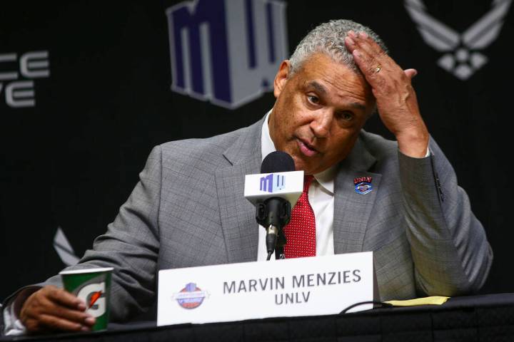 Former UNLV Rebels head coach Marvin Menzies speaks after his team's loss to San Diego State in ...
