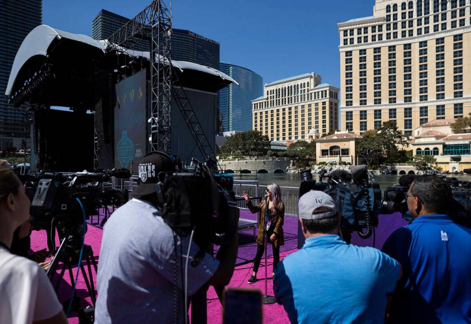 Kelsey Pietrangelo, NFL manager of live event operations, speaks to the media at the NFL Draft ...