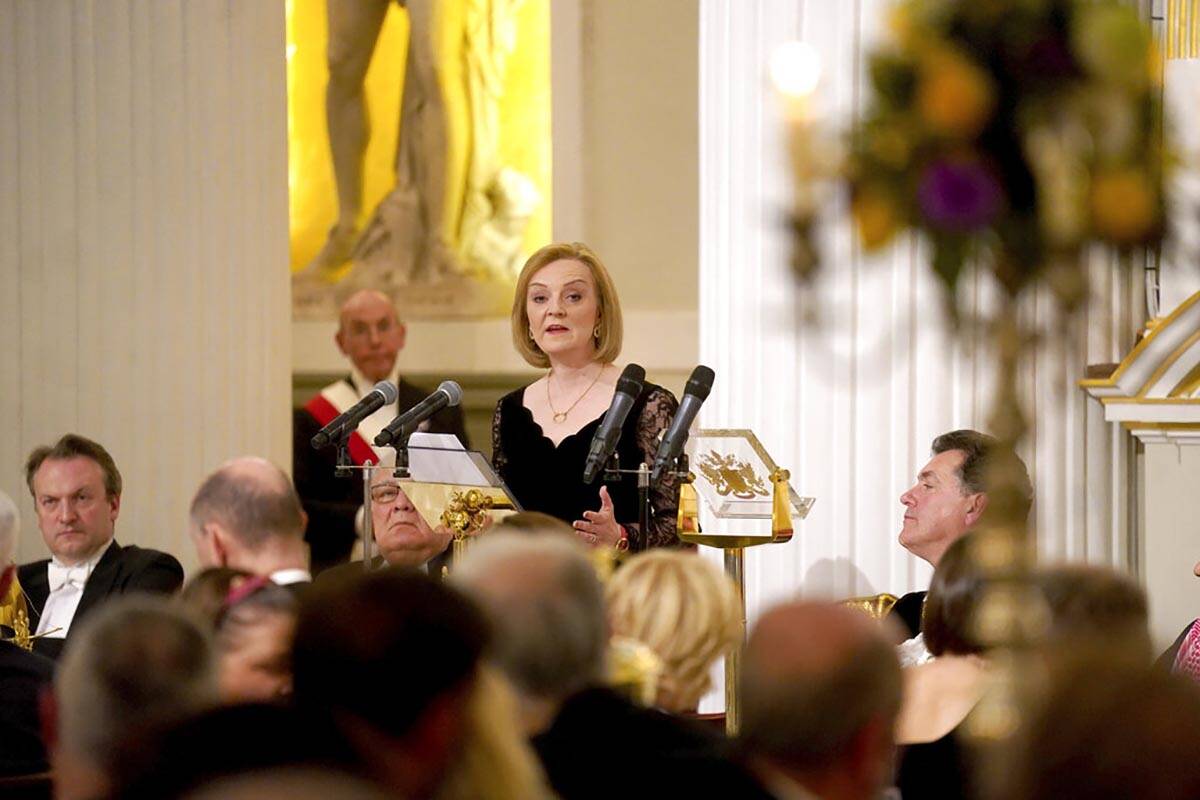Foreign Secretary Liz Truss speaks at the Easter Banquet at Mansion House in the City of London ...