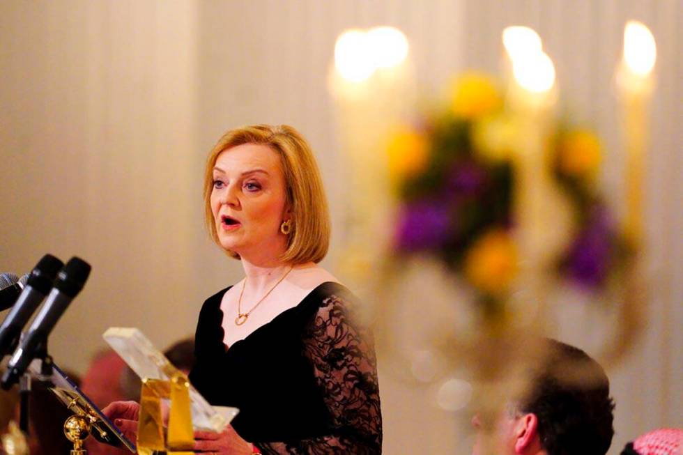 Britain's Foreign Secretary Liz Truss speaks at the Easter Banquet at Mansion House in the City ...