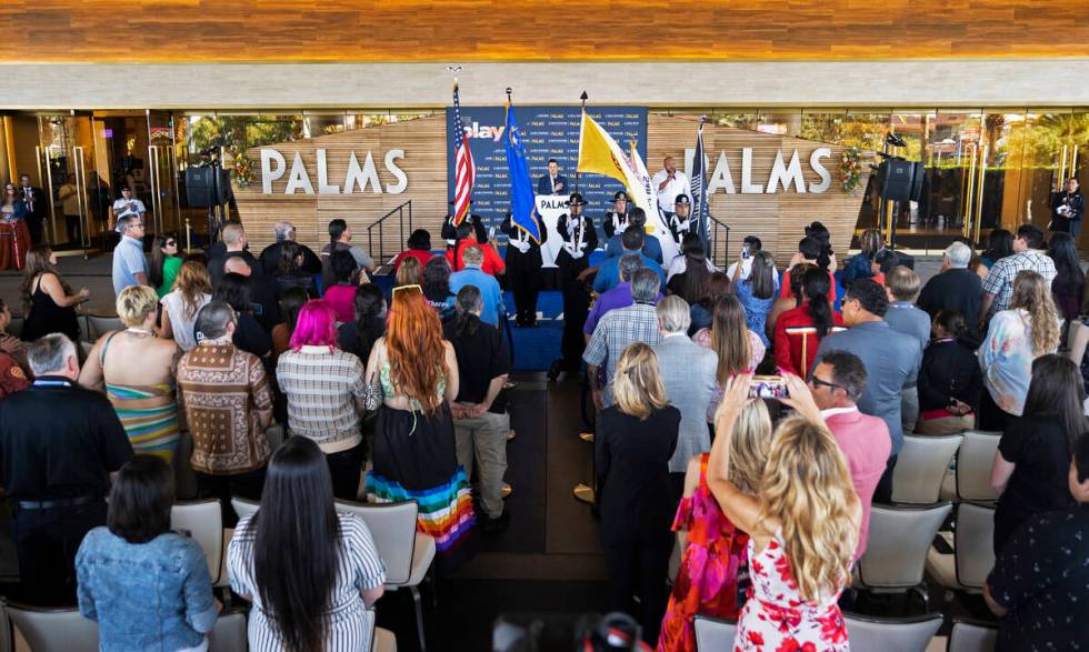 People walk into the Palms for the first time during the reopening on Wednesday, April 27, 2022 ...