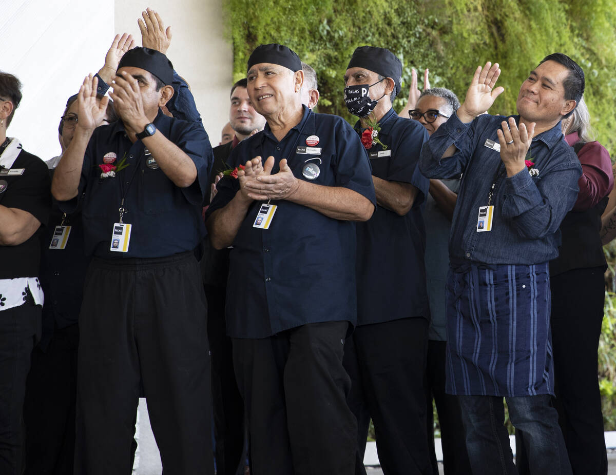 Employees that have worked at the Palms since its original opening in 2001 cheer during the reo ...