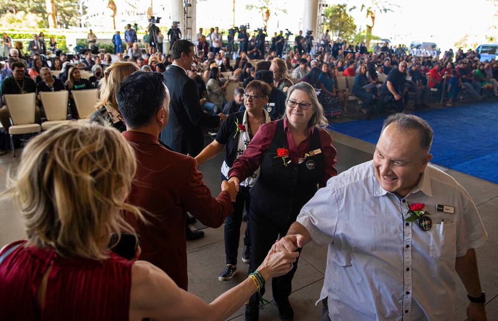 Employees that have worked at the Palms since its original opening in 2001 are greeted during t ...
