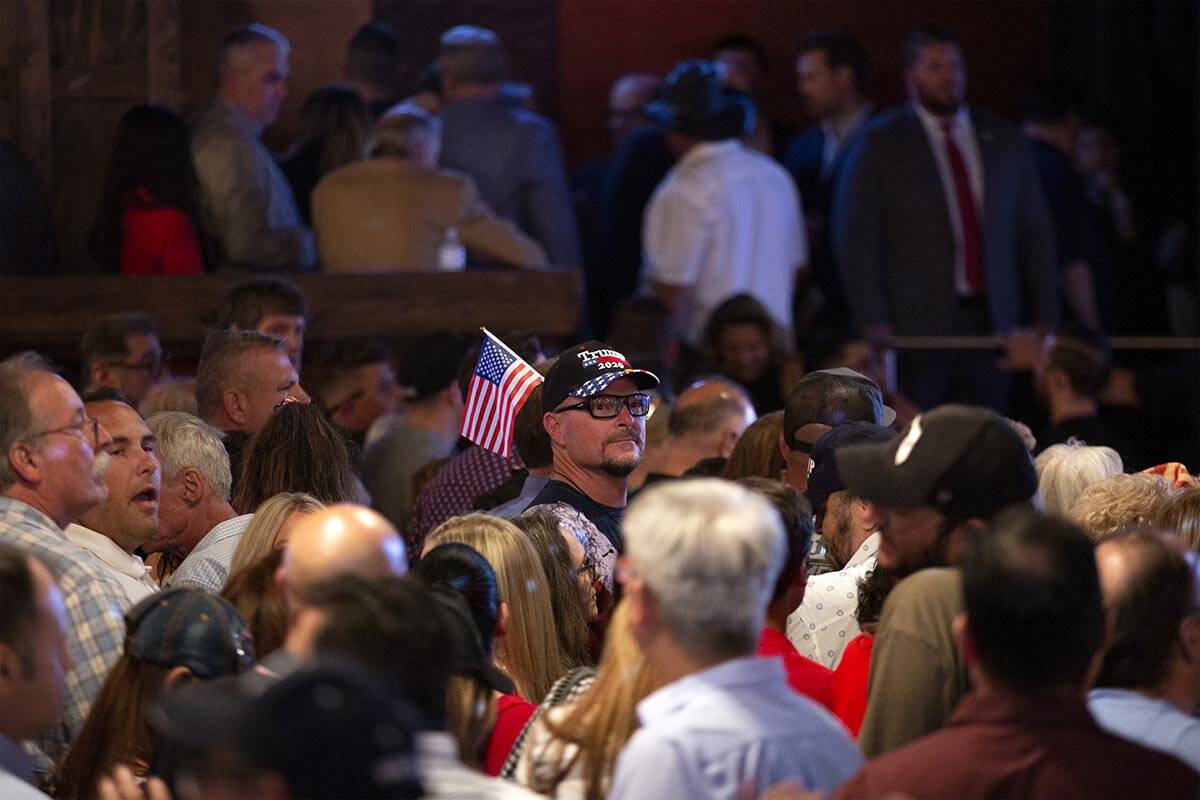 An attendee wears Trump memorabilia during a rally for Nevada Republican U.S. Senate candidate ...