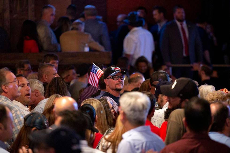 An attendee wears Trump memorabilia during a rally for Nevada Republican U.S. Senate candidate ...