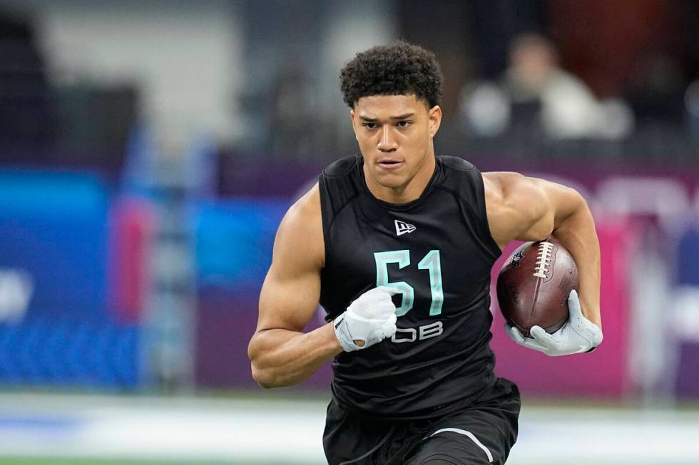 Notre Dame defensive back Kyle Hamilton runs a drill during the NFL football scouting combine, ...