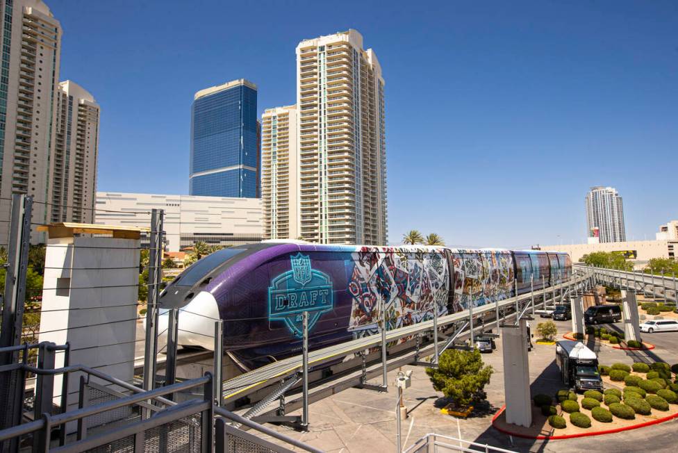 The Las Vegas Monorail arrives at the Westgate station during the first day of the NFL draft on ...