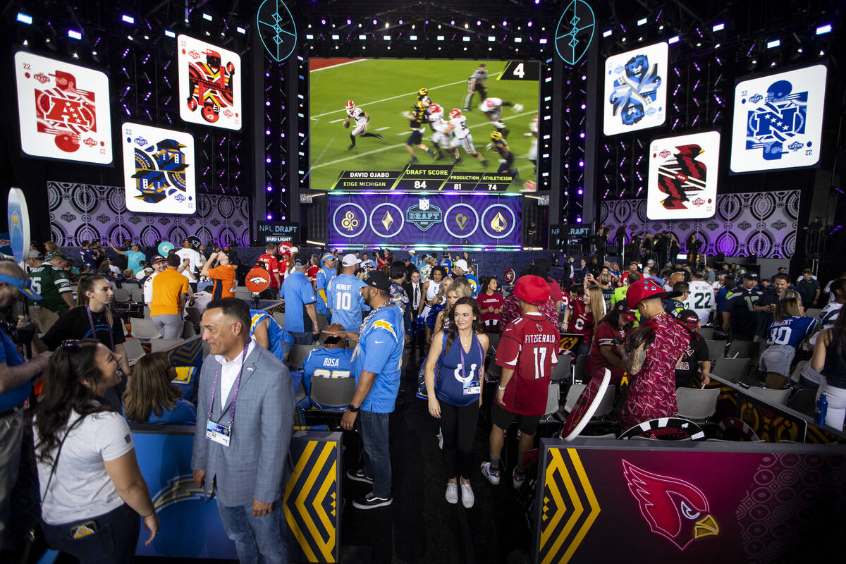 People wait for the start of the NFL Draft event in Las Vegas, Thursday, April 28, 2022. (Erik ...