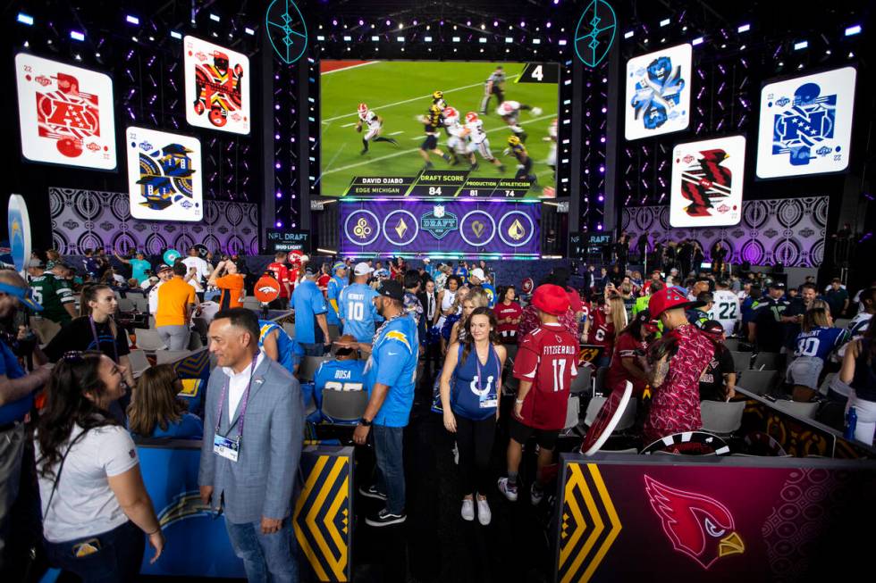 People wait for the start of the NFL Draft event in Las Vegas, Thursday, April 28, 2022. (Erik ...