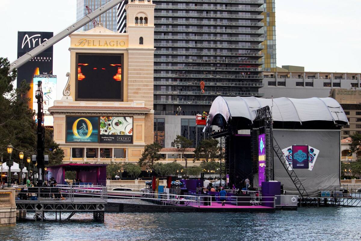 The NFL draft stage at the Bellagio Fountains is seen on Wednesday, April 27, 2022, in Las Vega ...