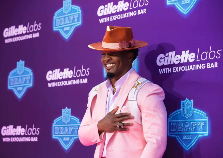 Georgia linebacker Nakobe Dean at the NFL Red Carpet Stage on Thursday, April 28, 2022, at the ...