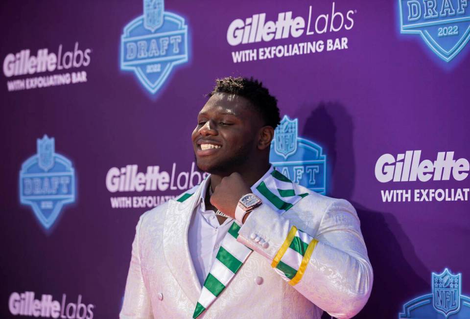 NC State offensive tackle lkem Ekwonu at the NFL Red Carpet Stage on Thursday, April 28, 2022, ...