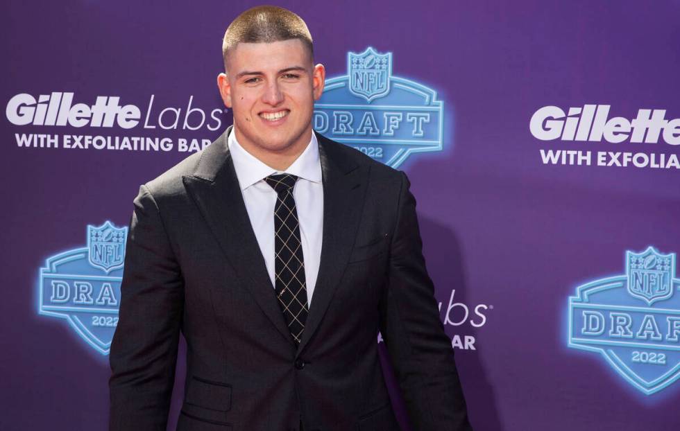 Purdue defensive end George Karlaftis at the NFL Red Carpet Stage on Thursday, April 28, 2022, ...