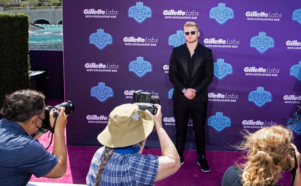 Michigan defensive end Aidan Hutchinson at the NFL Red Carpet Stage on Thursday, April 28, 2022 ...