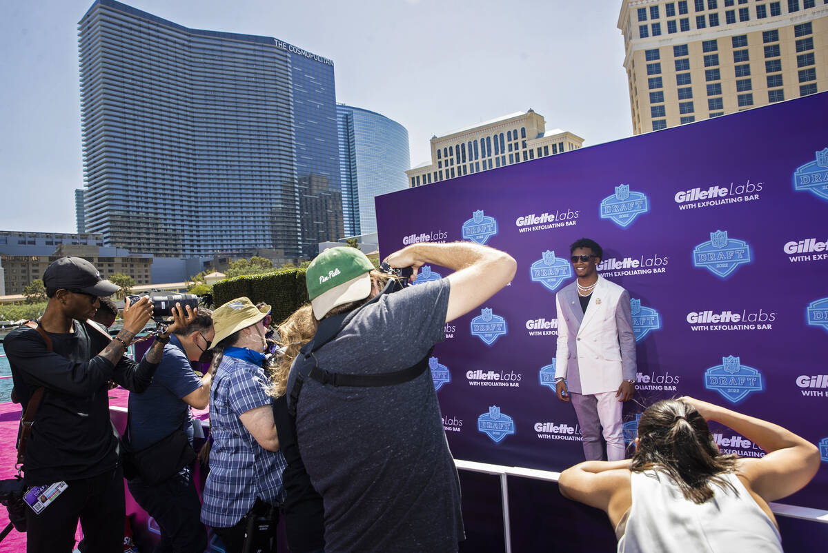 Ohio State wide receiver Garrett Wilson at the NFL Red Carpet Stage on Thursday, April 28, 2022 ...