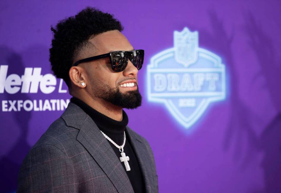 Ohio State wide receiver Chris Olave at the NFL Red Carpet Stage on Thursday, April 28, 2022, a ...