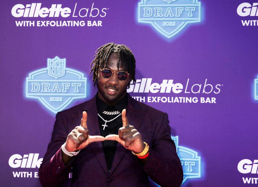 Utah linebacker Devin Lloyd at the NFL Red Carpet Stage on Thursday, April 28, 2022, at the Bel ...