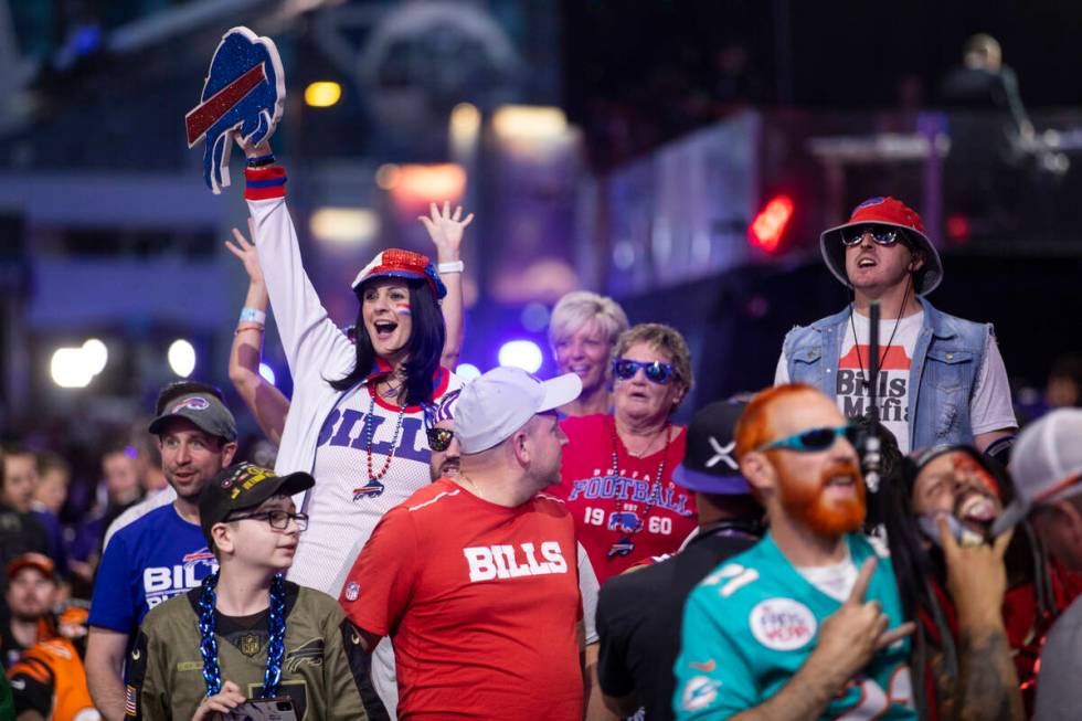 Fans cheer during the round one of the NFL Draft event in Las Vegas, Thursday, April 28, 2022. ...