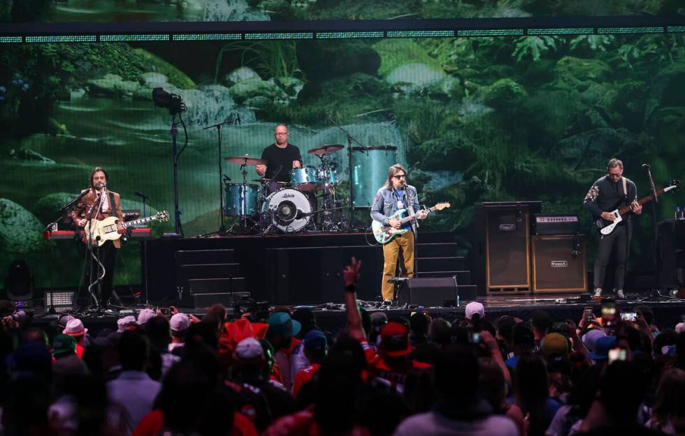 Weezer performs following the first round of the NFL draft on Thursday, April 28, 2022, in Las ...