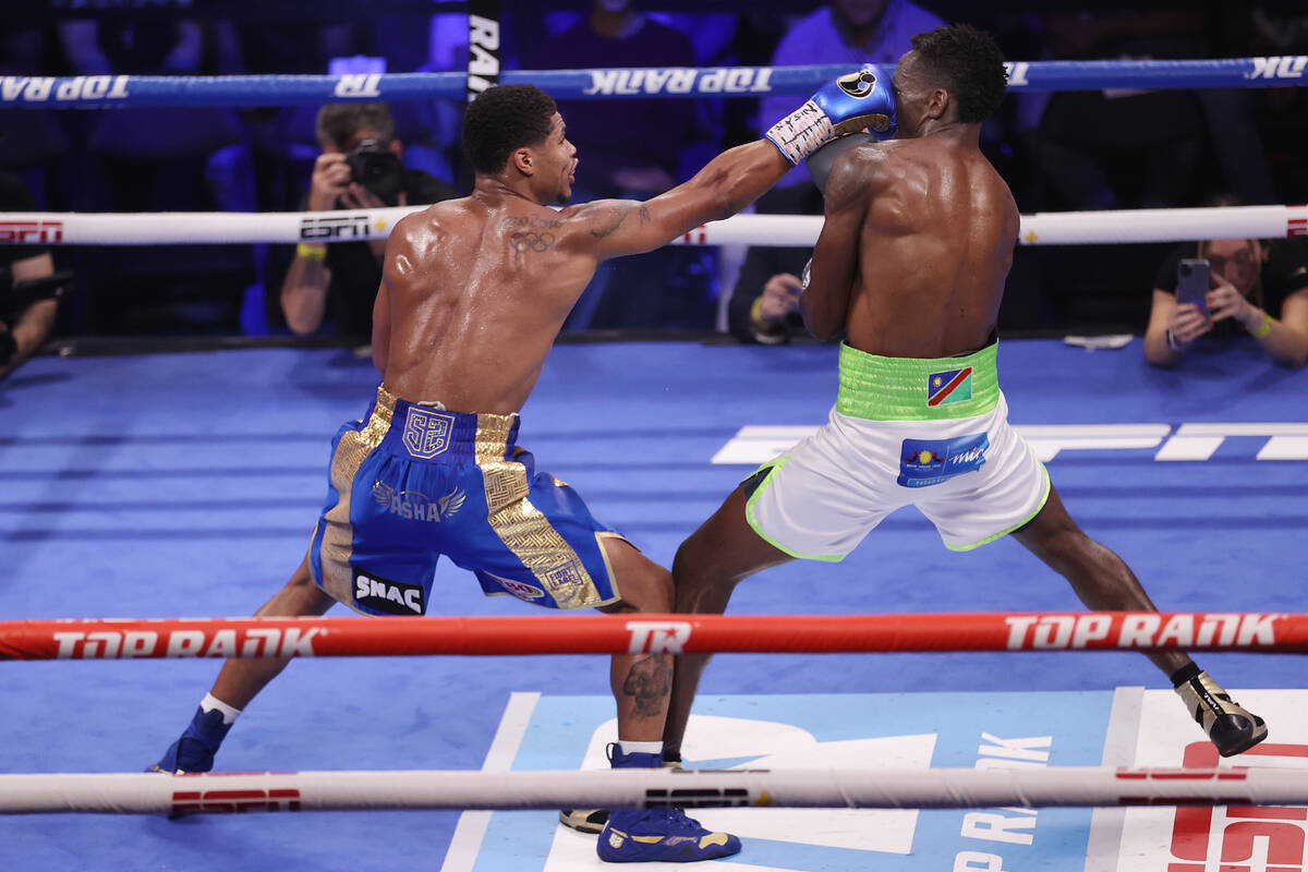 Shakur Stevenson, left, connects a punch against Jeremiah Nakathila in the ninth round of the W ...