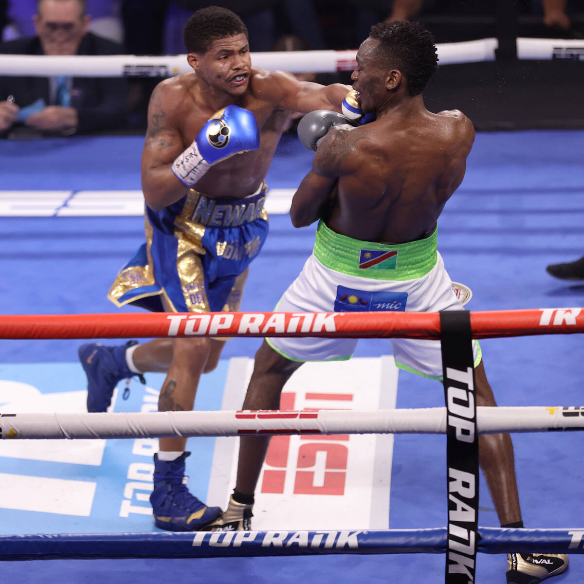 Shakur Stevenson, left, connects a punch against Jeremiah Nakathila in the 11th round of the WB ...