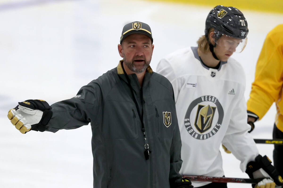 Golden Knights Coach Pete DeBoer, from left, forward William Karlsson and forward Reid Duke on ...