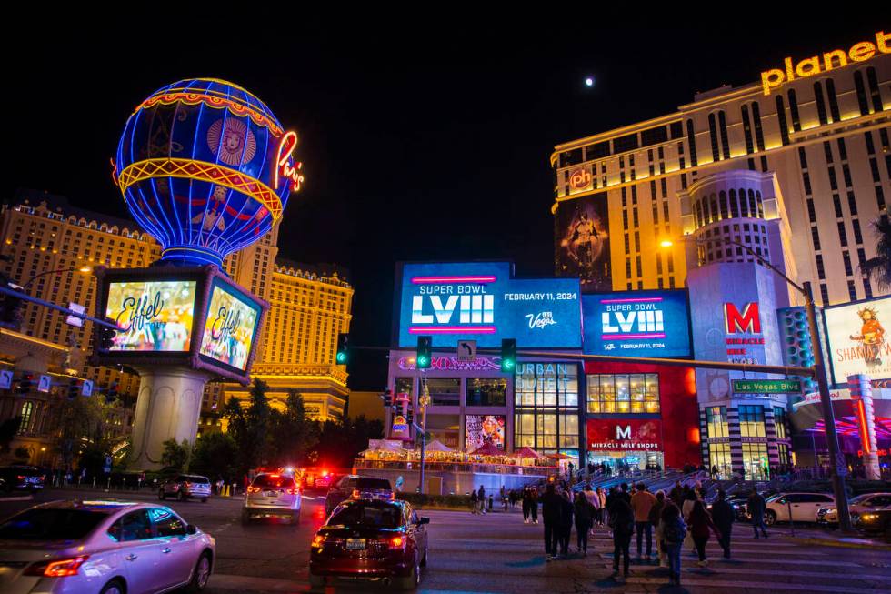 A marquee on the Strip celebrating the announcement that Las Vegas will host Super Bowl LVIII a ...