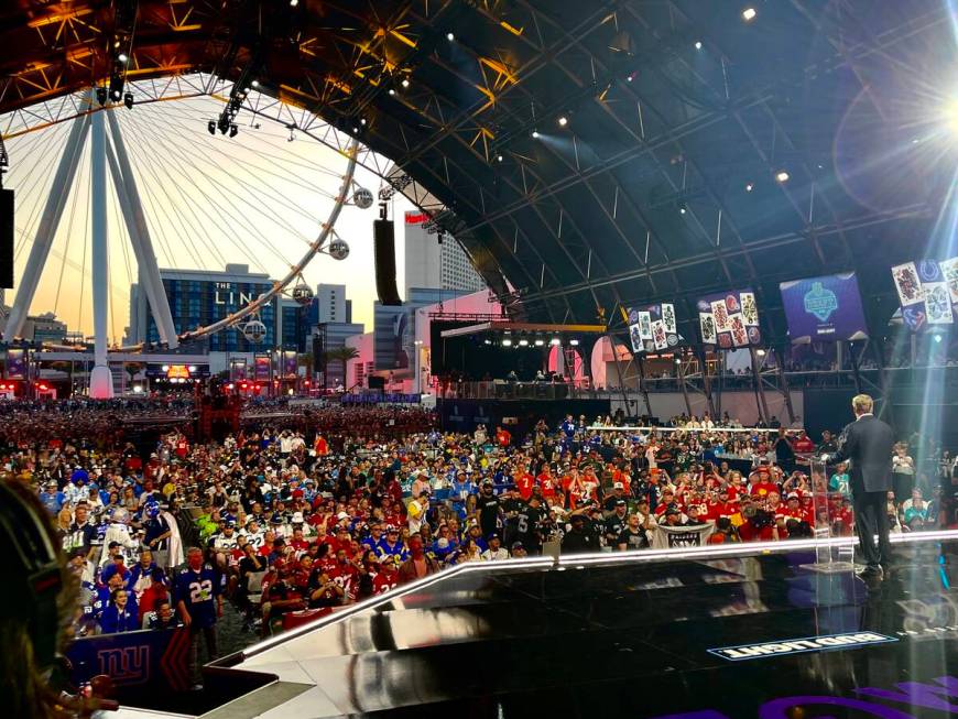 NFL Commissioner Roger Goodell announces a draft pick to the thousands of fans in attendance at ...