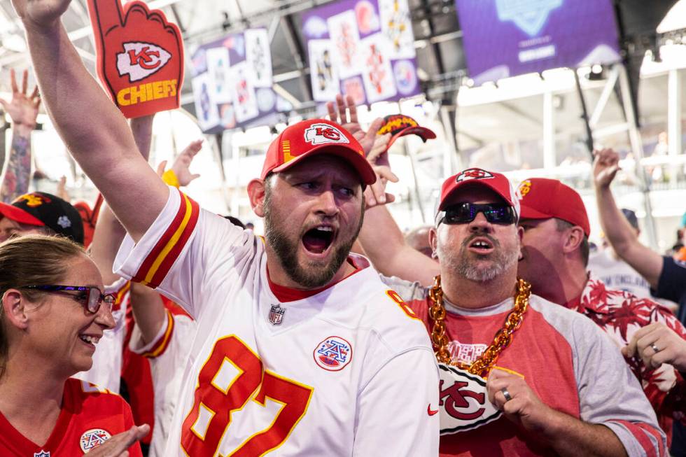 Kansas City Chiefs fans cheer during day two of the NFL draft on Friday, April 29, 2022, in Las ...