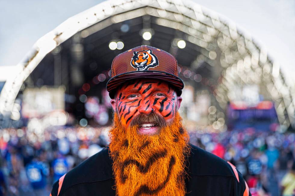 Bengals fan Gary Faulkner, from Cincinnati, Ohio, during day two of the NFL draft on Friday, Ap ...