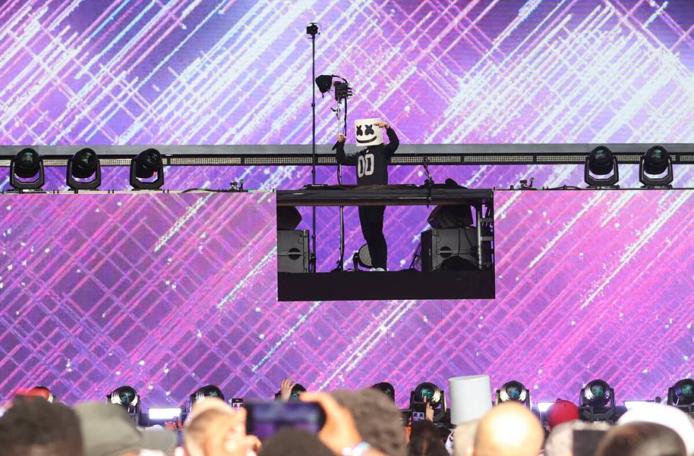 Marshmello performs during the third day of the NFL draft on Saturday, April 30, 2022, in Las V ...