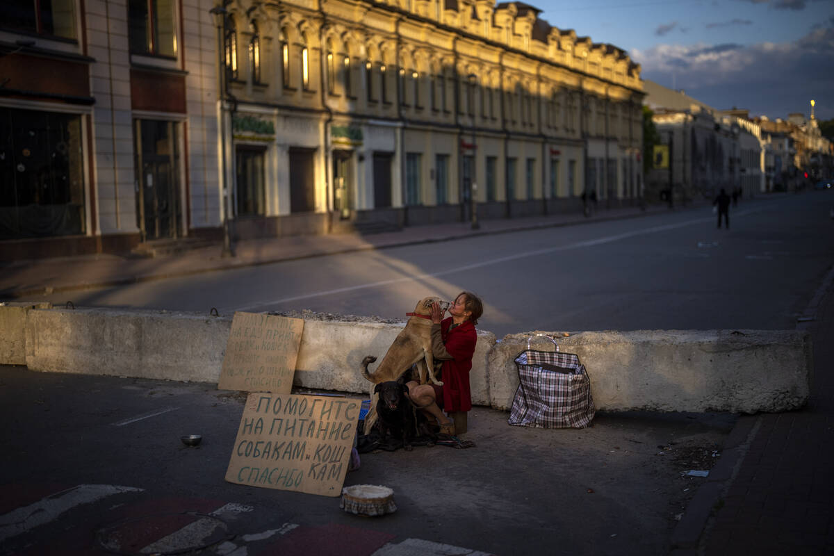 A woman begs for alms to feed her dogs in Kyiv, on Saturday, April 30, 2022. (AP Photo/Emilio M ...