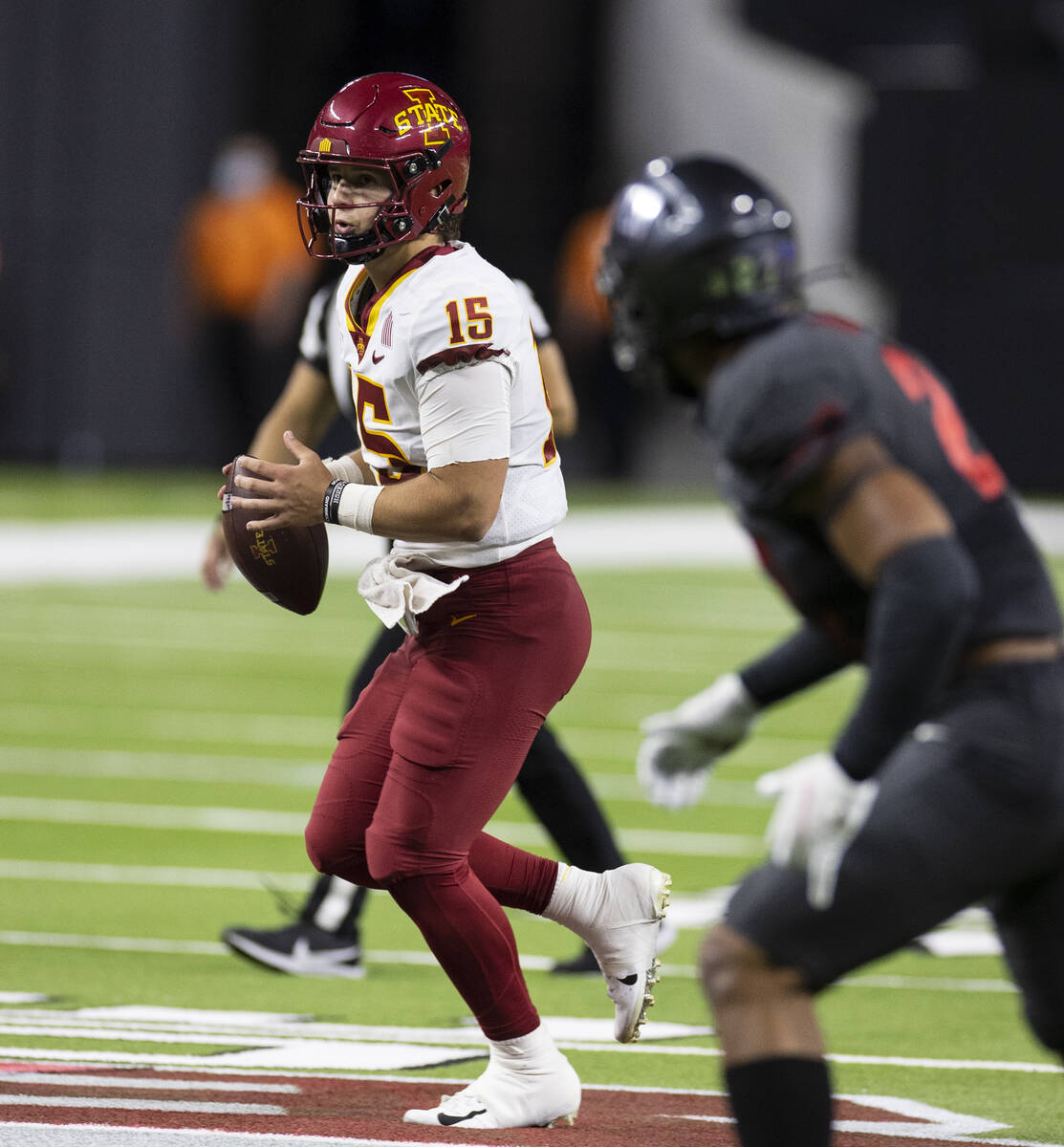 Iowa State Cyclone's quarterback Brock Purdy (15) looks for an opening as he runs with the ball ...