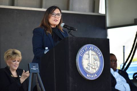 Las Vegas Councilwoman Victoria Seaman speaks during a ceremony honoring the victims of the Sep ...