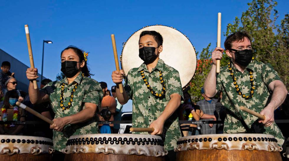 Drummers entertain the crowd during Lei Day, a new parade to celebrate and kick off Asian Pacif ...