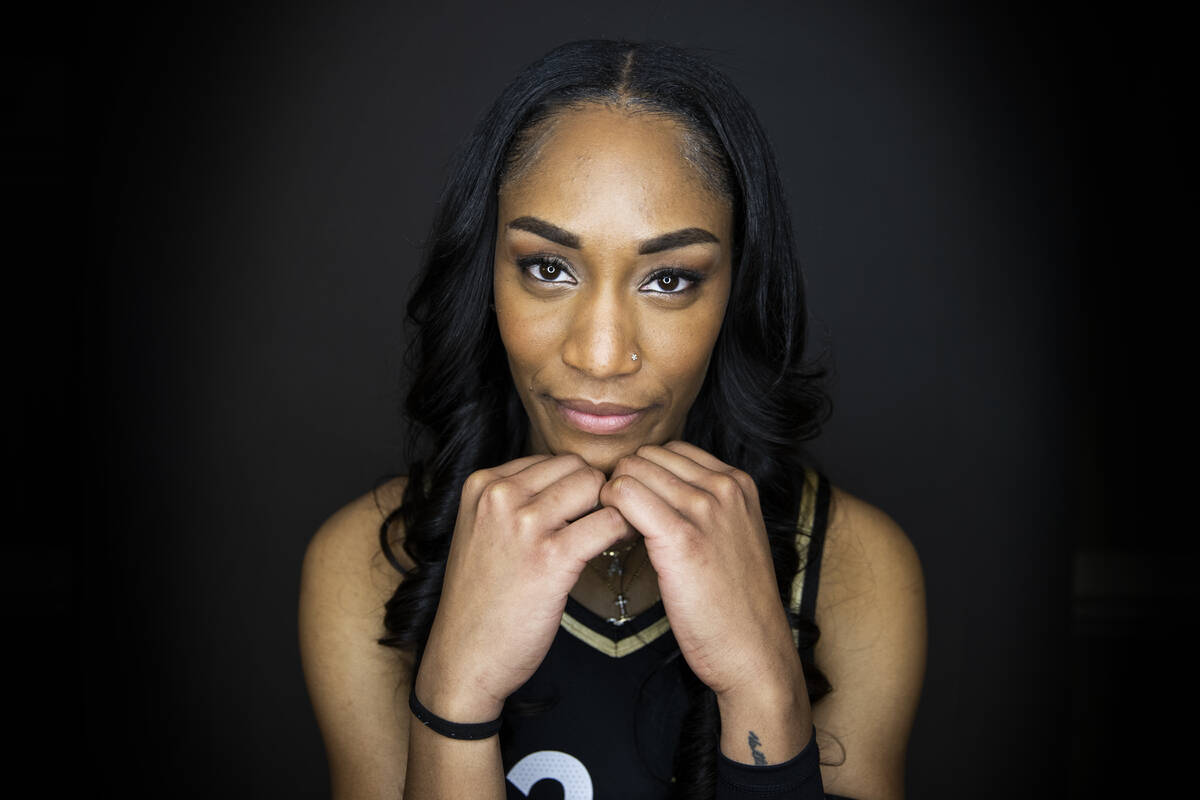 Las Vegas Aces forward A'ja Wilson (22) during media day at Michelob ULTRA Arena on Monday, May ...