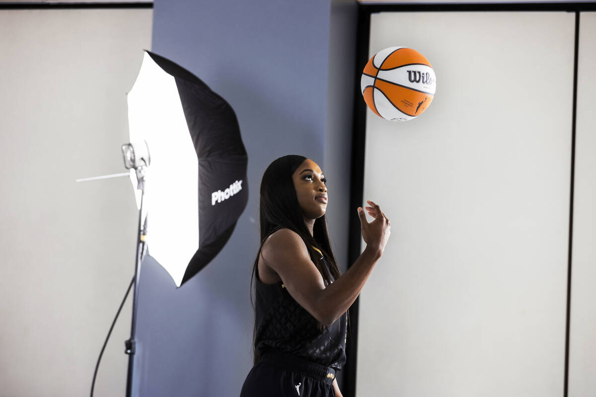 Las Vegas Aces guard Jackie Young (0) during media day at Michelob ULTRA Arena on Monday, May 2 ...