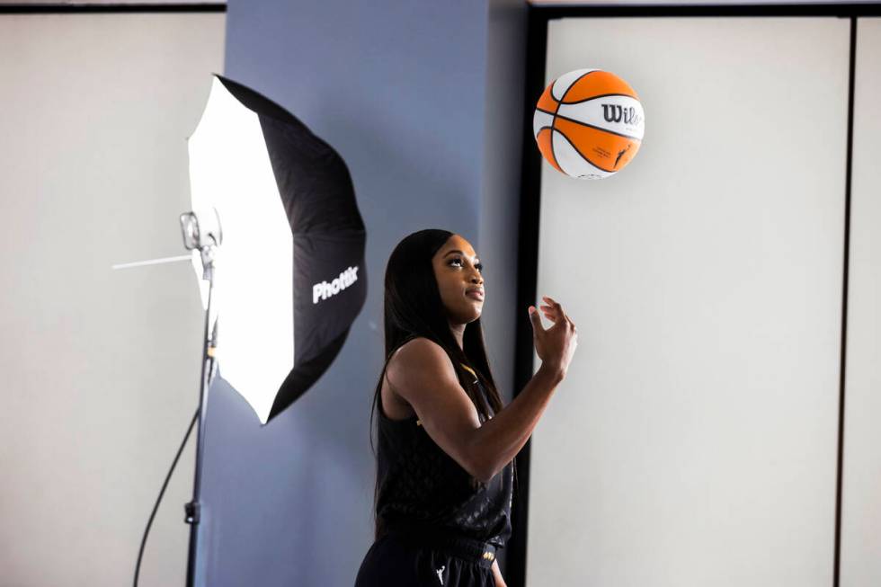 Las Vegas Aces guard Jackie Young (0) during media day at Michelob ULTRA Arena on Monday, May 2 ...