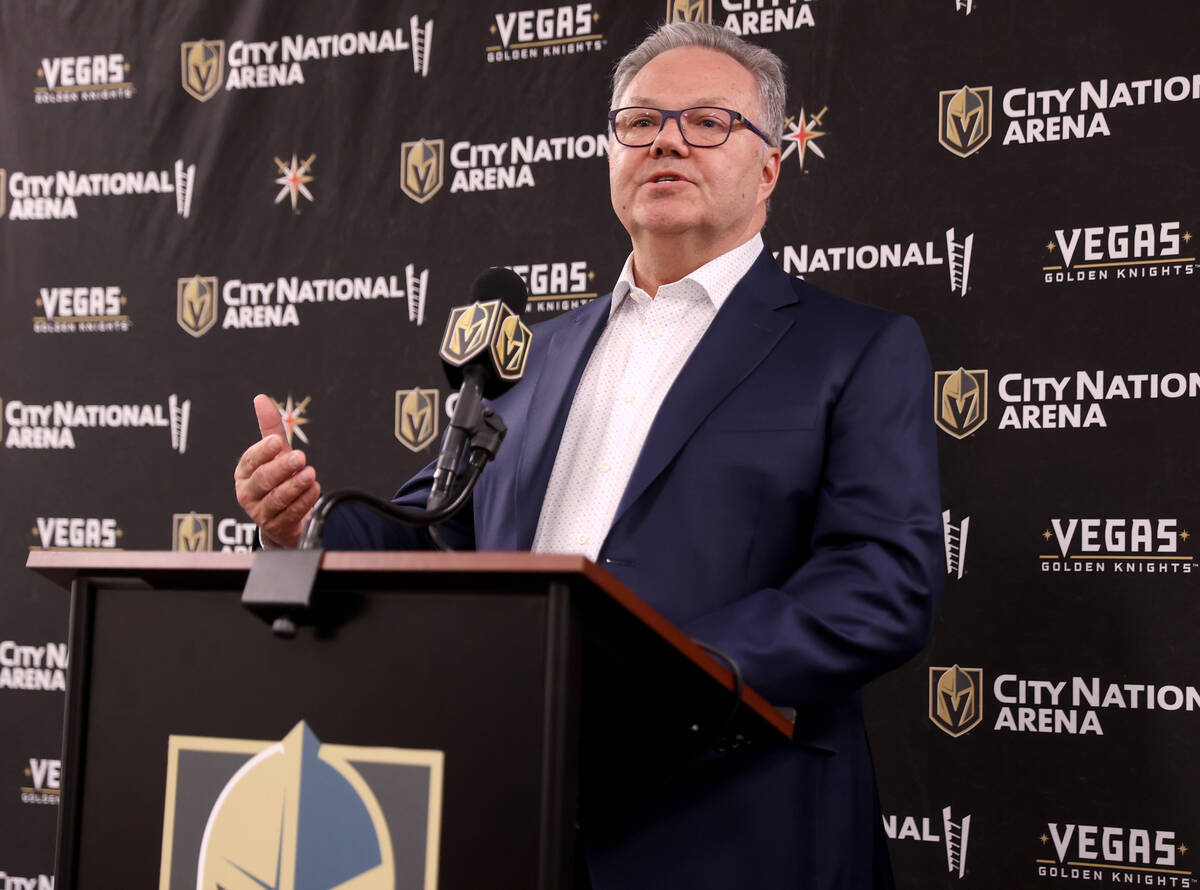 Vegas Golden Knights General Manager Kelly McCrimmon talks about the 2021-22 season during a ne ...