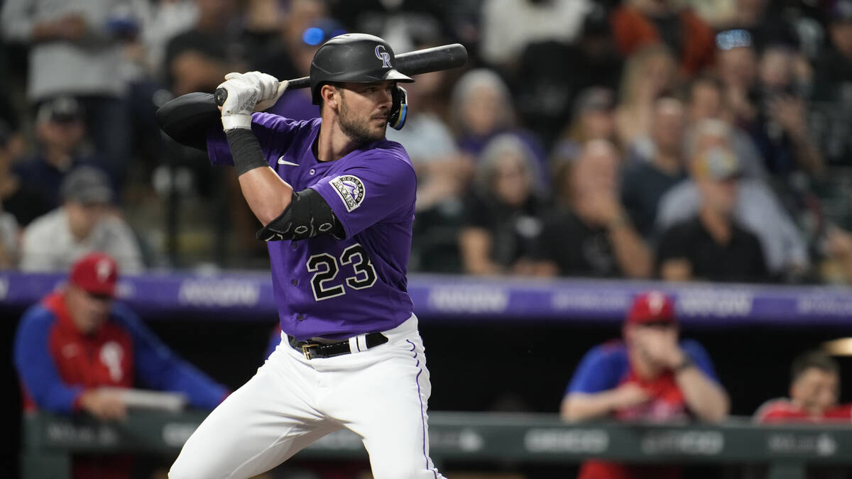 Colorado Rockies left fielder Kris Bryant (23) in the fourth inning of a baseball game Tuesday, ...
